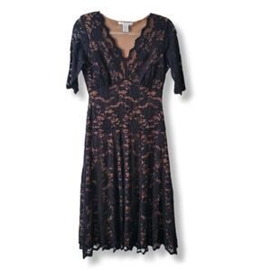 CAbi Black Nude Lace Midi Dress M Romantic Date Night Cocktail Fit Flare Classy